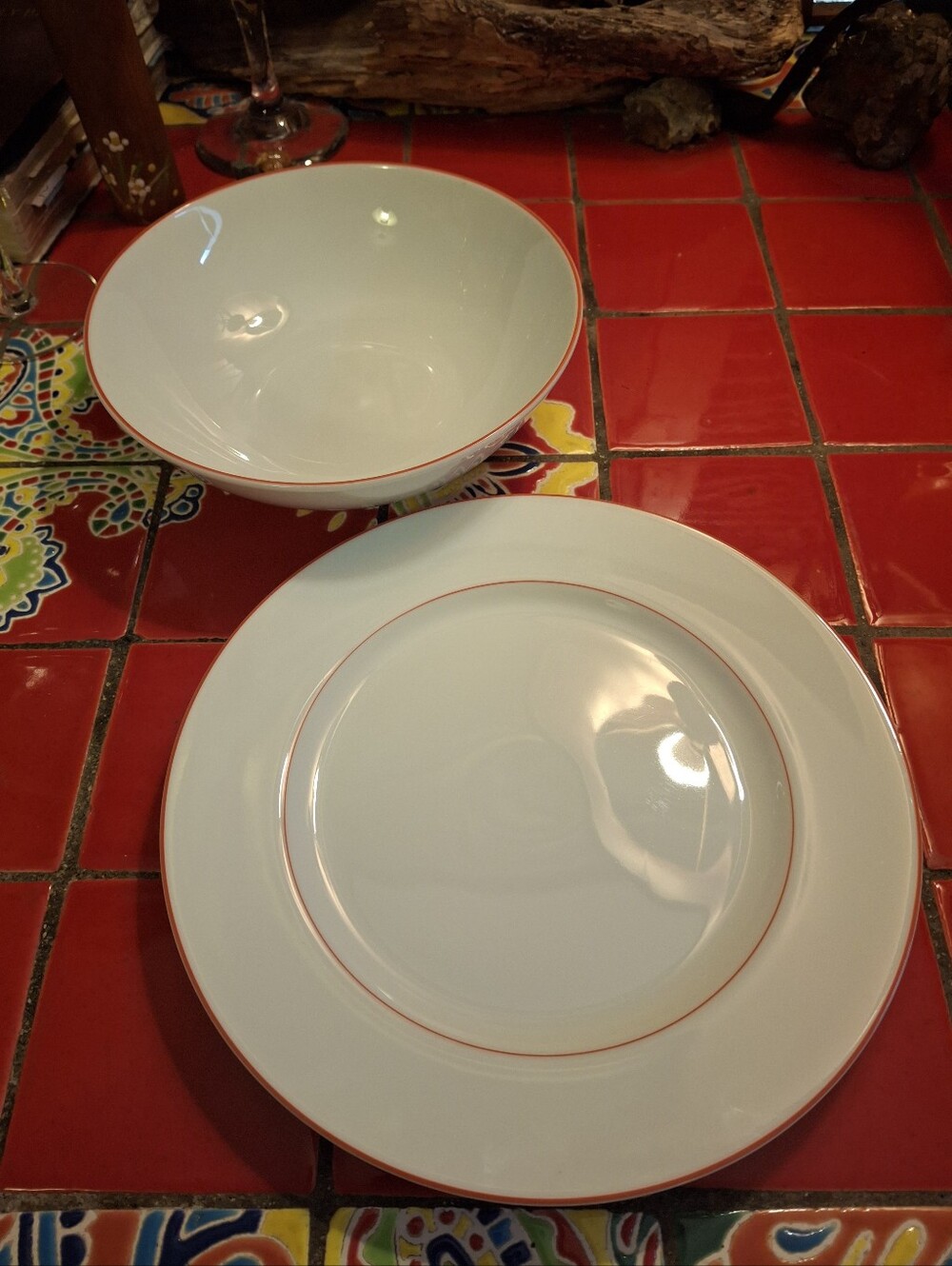 FITZ AND FLOYD FIT44 RED LINE RIM BOWL & SALAD PLATE GOURMET PORCELAIN 185 JAPAN